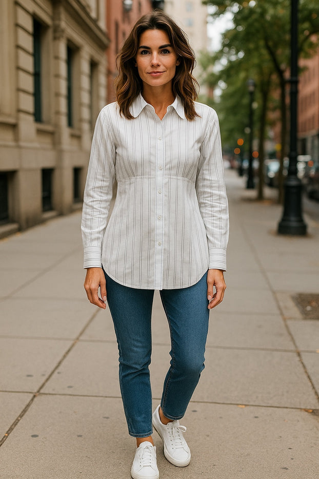 Women Long Sleeves White shirt with Silver Vertical Stripes and front Buttons.