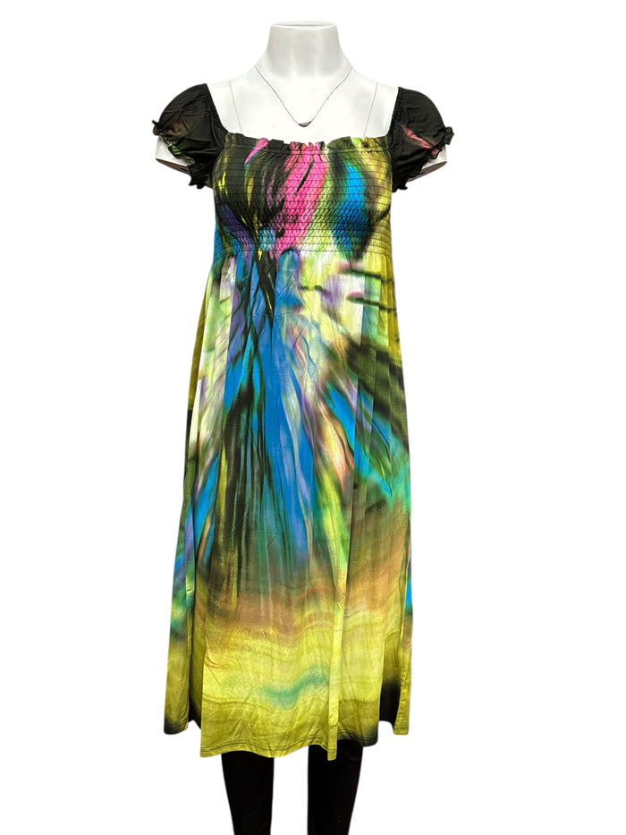 Women Frill Trim smocked tie-dye Design long dress square neckline with ruffled hem Sleeves.