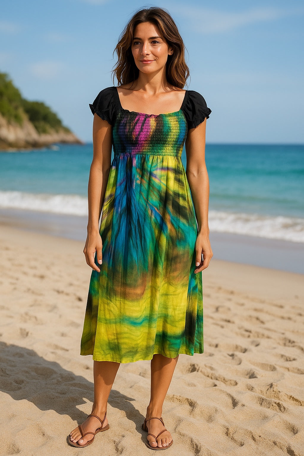 Women Frill Trim smocked tie-dye Design long dress square neckline with ruffled hem Sleeves.