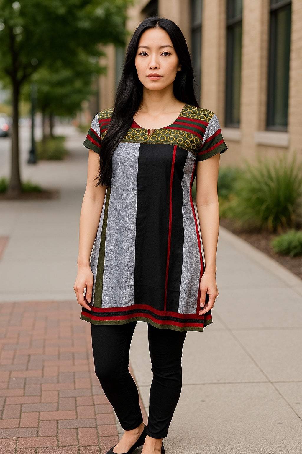 Tunic 100% Cotton two tone Vertical panels horizontally stripes yoke Short sleeves Round Neck Kurti.
