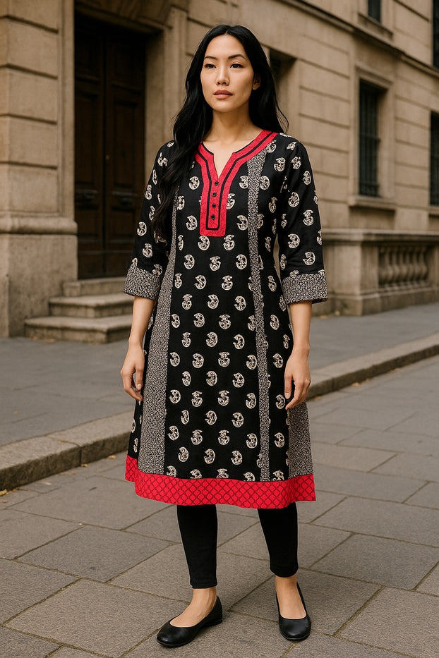 Women Black and White Mango Print with Colorful Trim V-neck, 3/4 Sleeves, Kurti, Kurta Tunic Top.