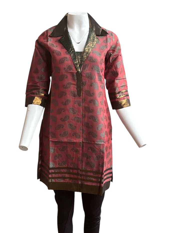 Women Red Tunic with Green Paisly pattern, Bronze collar, sleeves and hem, V-Neck, 3/4 Sleeves knee length  Kurti, Kurta Tunic Top.
