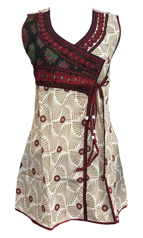100% Cotton Geometric Cream base with V-Neck with front embroidery Sleeveless, Tunic, Kurti.