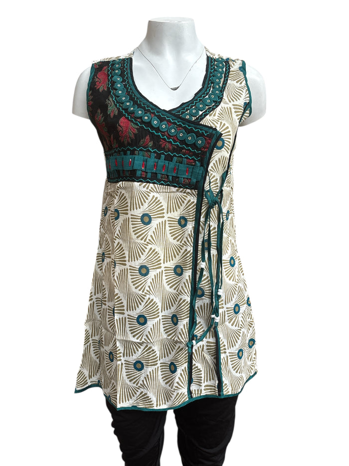 100% Cotton Geometric Cream base with V-Neck with front embroidery Sleeveless, Tunic, Kurti.