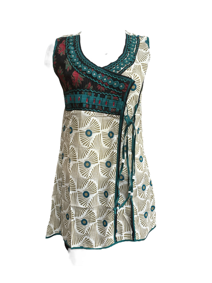 100% Cotton Geometric Cream base with V-Neck with front embroidery Sleeveless, Tunic, Kurti.