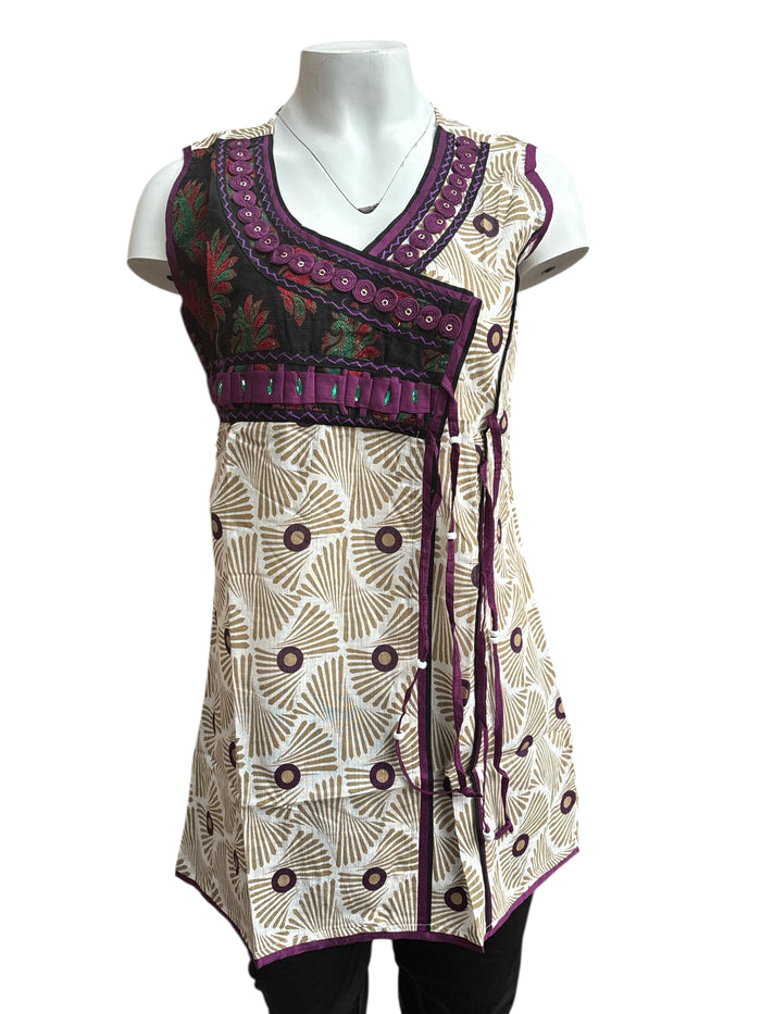 100% Cotton Geometric Cream base with V-Neck with front embroidery Sleeveless, Tunic, Kurti.