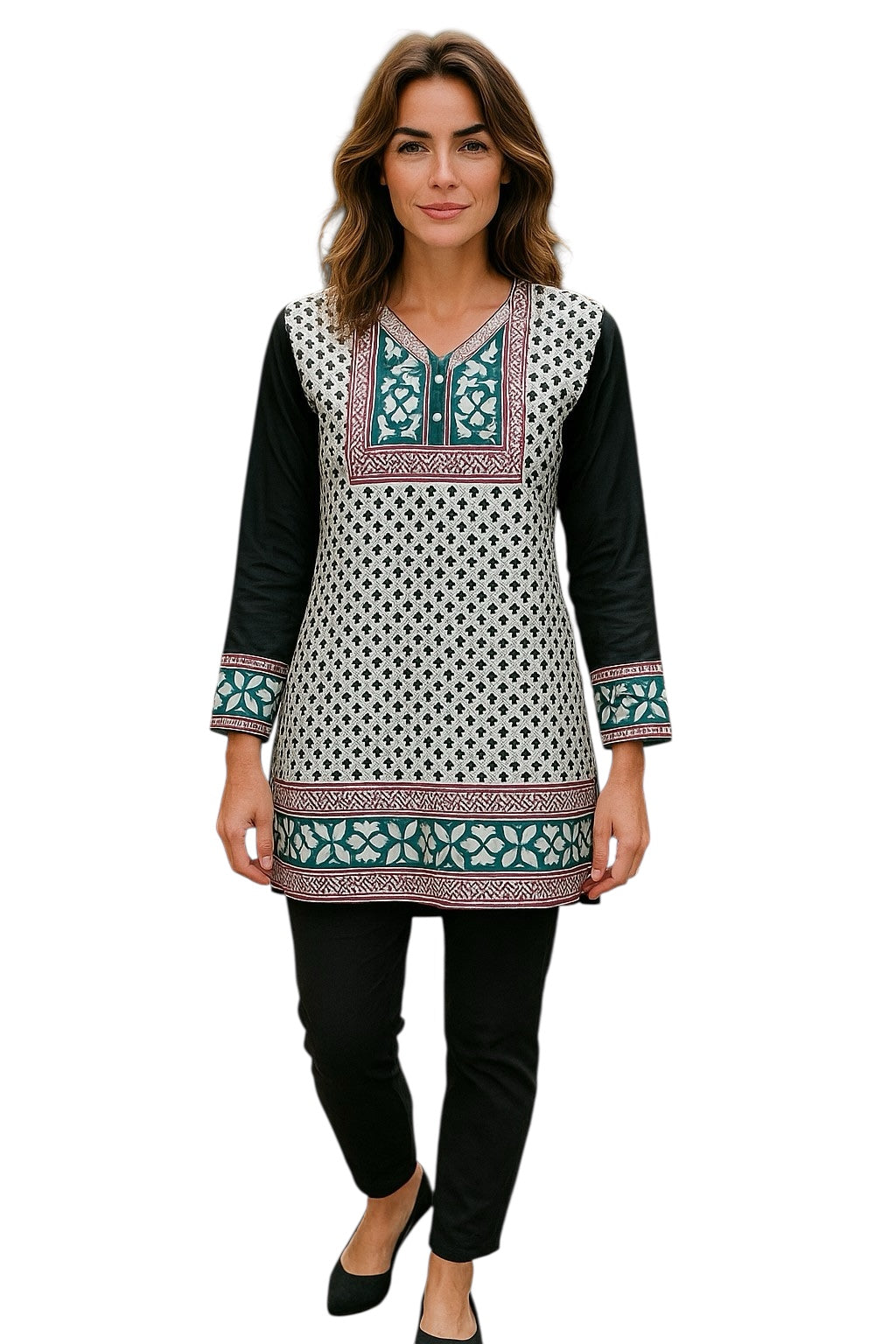 Tunic for Women Printed Short Crape Kurti Kurta V-Neck 3/4 Sleeves Tunic Top. 1907-L