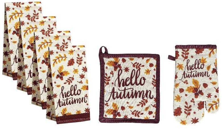Autumn Fall Leaves Design 6 Pack Halloween, Thanksgiving Decorative Kitchen Towel set,  4 Kitchen Towels, Potholder, Oven Mitt.