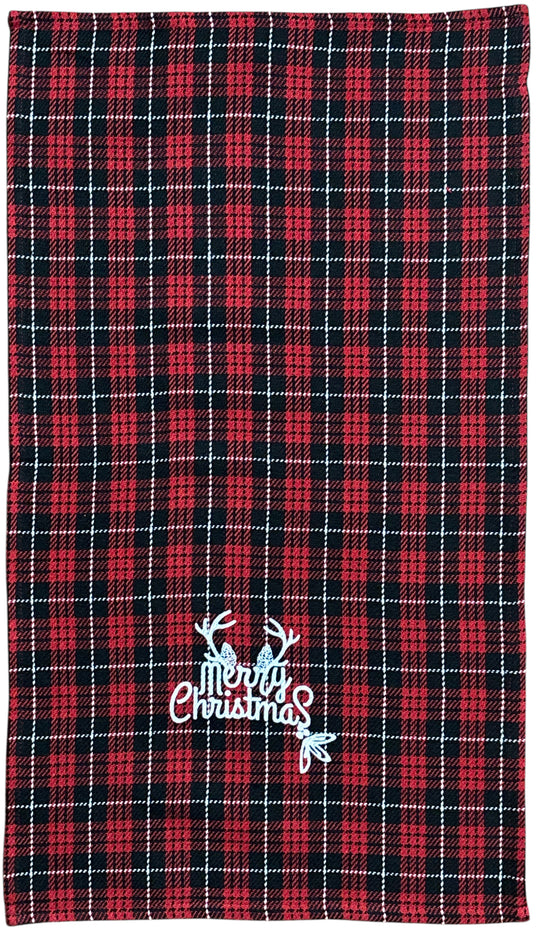 Set of 4, Red and Black Buffalo Plaid Quote Merry Christmas, 100% Cotton Herringbone Pattern and Red Waffle Weave Kitchen Towel / Tea Towels Soft and Absorbent Size: 16” x 28".