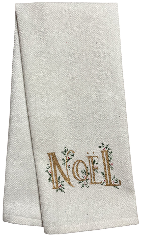 Set of 4, 100% Cotton White Herringbone Pattern Kitchen Towel with Noel and Red Waffle Weave Kitchen Towel / Tea Towels Soft and Absorbent Size: 16” x 28".