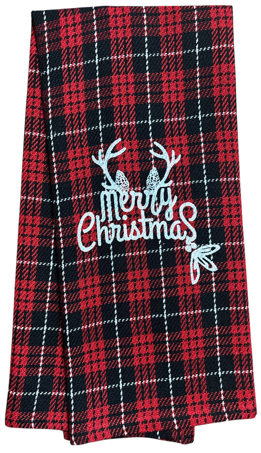 Set of 4, Red and Black Buffalo Plaid Quote Merry Christmas, 100% Cotton Herringbone Pattern and Red Waffle Weave Kitchen Towel / Tea Towels Soft and Absorbent Size: 16” x 28".