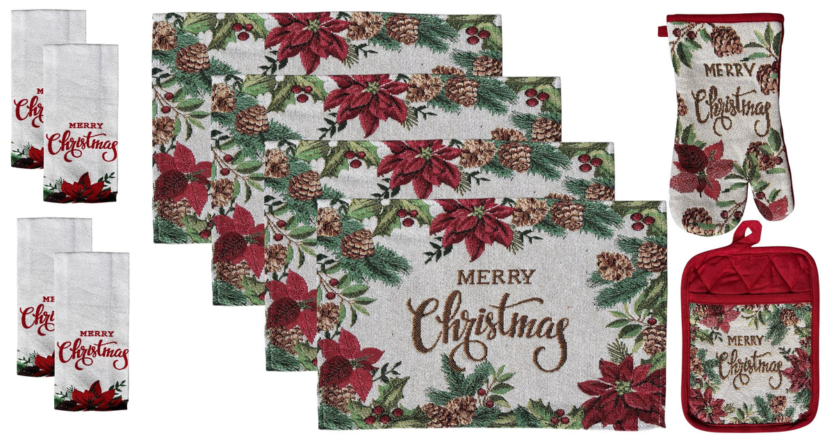 Red Poinsettia Flower 10 Pcs Tapestry Kitchen Set with Merry Christmas for Holiday Season, 4 Placemats, 4 Kitchen Towels, Oven Mitts, Pot Holders