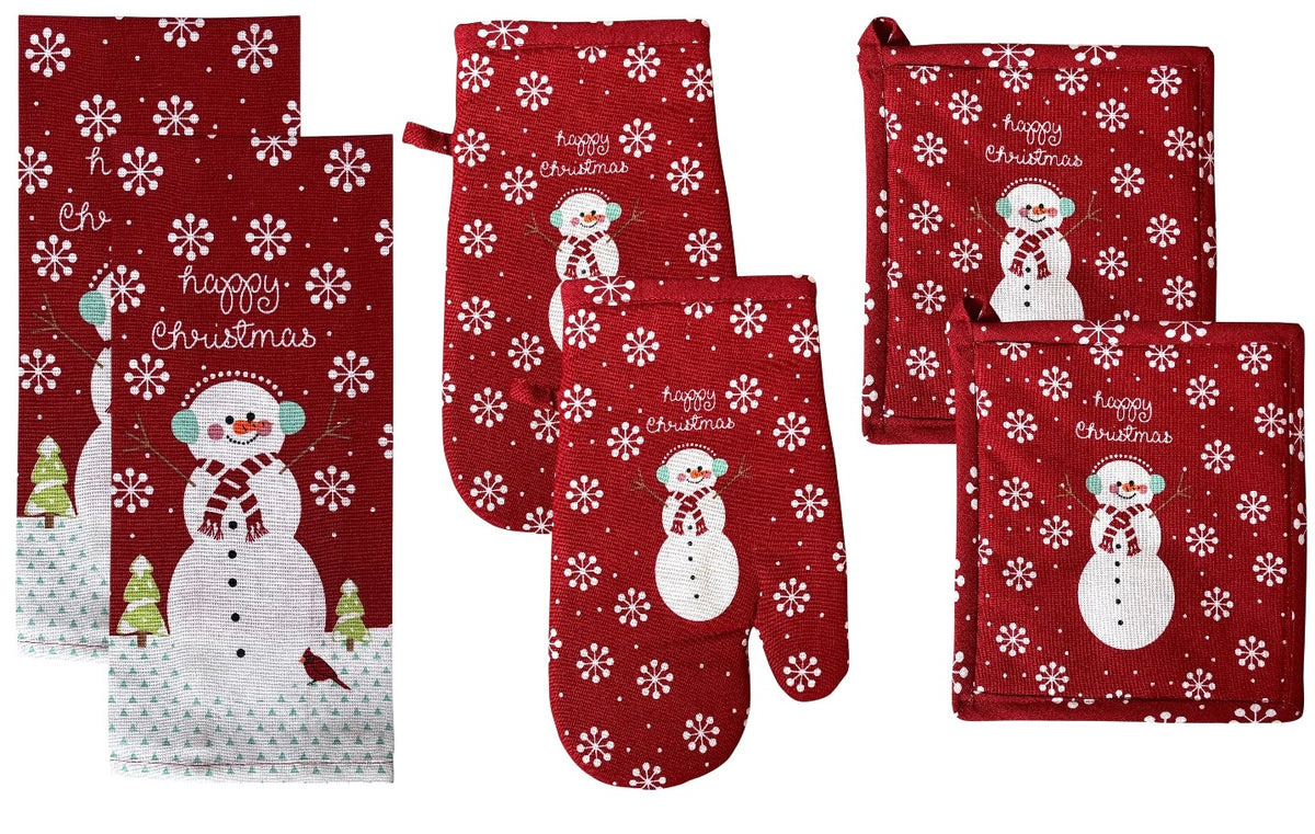 Snowman and snowflex Design with Happy Christmas, 6 Pcs Holiday Season Kitchen Towel Sets, 2 Kitchen Towels, 2 Potholder & 2 Oven mitt. Tree, Santa, Snowflake, Includes 4 Kitchen Towels, Pot Holder & Oven mitt.