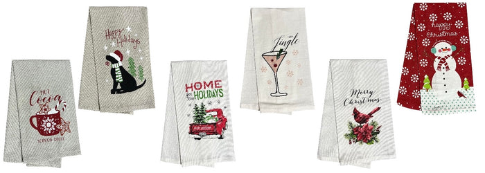 Christmas 6 Pcs Kitchen Towels - Hot Cocoa, Happy Holiday, Home for The Holidays, Let's Jingle, Merry Christmas, Happy Christmas. Size: 15” x 25".