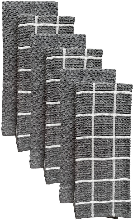 Windowpane Waffle weave, 6 Pack Large 100% Ring-Spun Cotton Kitchen Towels/Hand Towels with Hanging Loop, 430 GSM Soft & Ultra Absorbent, Machine Washable 16 x 28 inches.