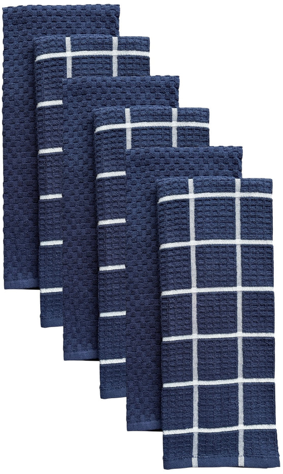 Windowpane Waffle weave, 6 Pack Large 100% Ring-Spun Cotton Kitchen Towels/Hand Towels with Hanging Loop, 430 GSM Soft & Ultra Absorbent, Machine Washable 16 x 28 inches.