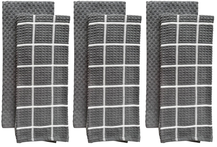 Windowpane Waffle weave, 6 Pack Large 100% Ring-Spun Cotton Kitchen Towels/Hand Towels with Hanging Loop, 430 GSM Soft & Ultra Absorbent, Machine Washable 16 x 28 inches.