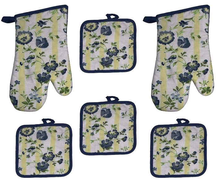 Blue Flower Printed Design 6 Pcs Non-Slip, Heat Resistant Kitchen Towel Set, Includes 4 Potholder, 2 Oven Mitt.