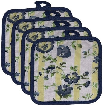 Blue Flower Printed Design 6 Pcs Non-Slip, Heat Resistant Kitchen Towel Set, Includes 4 Potholder, 2 Oven Mitt.