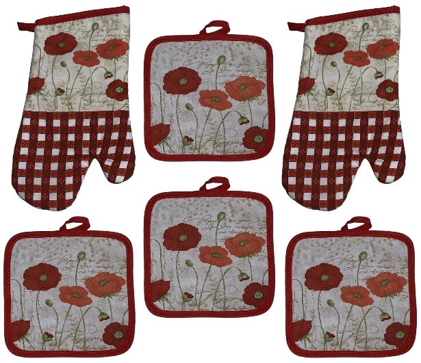 Blooming Flower Printed Design 6 Pcs Non-Slip, Heat Resistant Kitchen Towel Set, Includes 4 Potholder, 2 Oven Mitt.