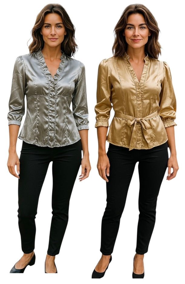2 Pcs, Women Summer Gold & Silver 3/4 Sleeve tunic with ruffled edges and buttons down the front with Matching Belt.