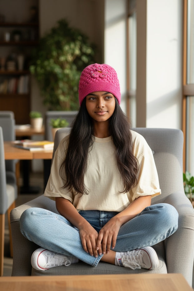 2 Pcs, Womens Wool Knitted Crochet Beanie Hat with Flower for Cold Weather Protection - One Size fits Most.