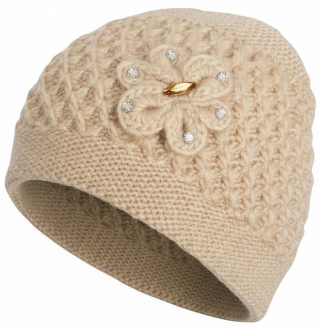 2 Pcs, Womens Wool Knitted Crochet Beanie Hat with Flower for Cold Weather Protection - One Size fits Most.