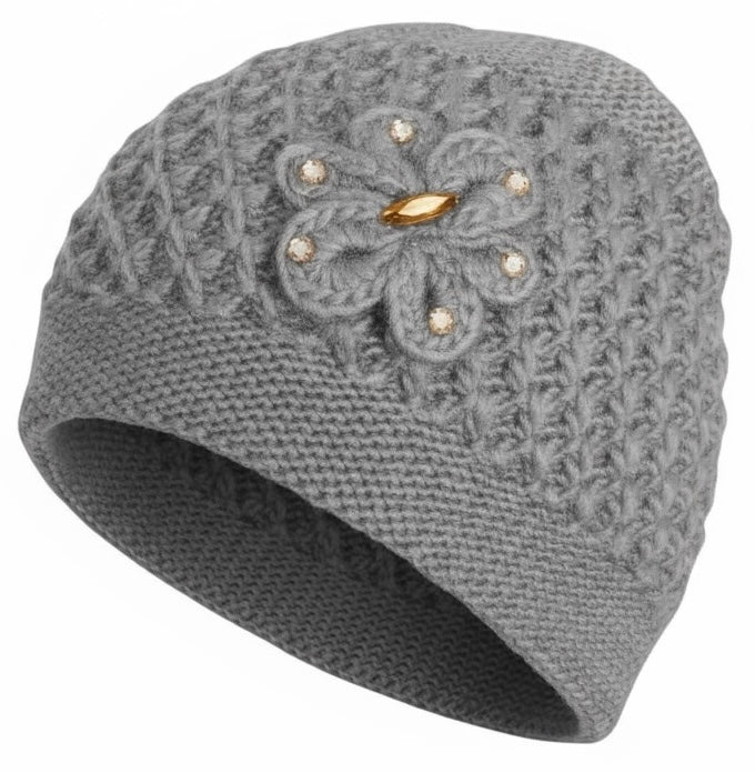 2 Pcs, Womens Wool Knitted Crochet Beanie Hat with Flower for Cold Weather Protection - One Size fits Most.