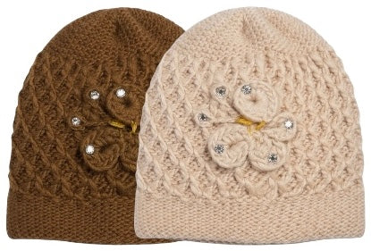 2 Pcs, Womens Wool Knitted Crochet Beanie Hat with Flower for Cold Weather Protection - One Size fits Most.