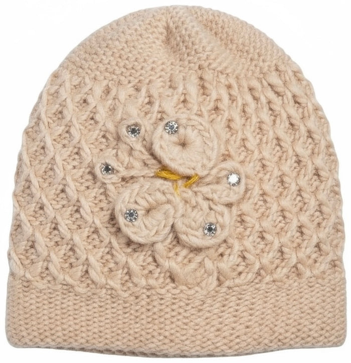2 Pcs, Womens Wool Knitted Crochet Beanie Hat with Flower for Cold Weather Protection - One Size fits Most.