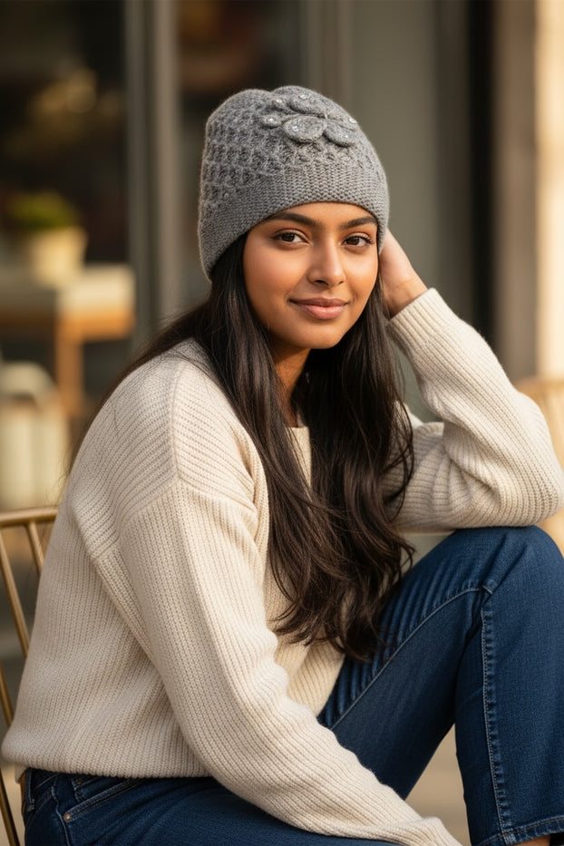 2 Pcs, Womens Wool Knitted Crochet Beanie Hat with Flower for Cold Weather Protection - One Size fits Most.