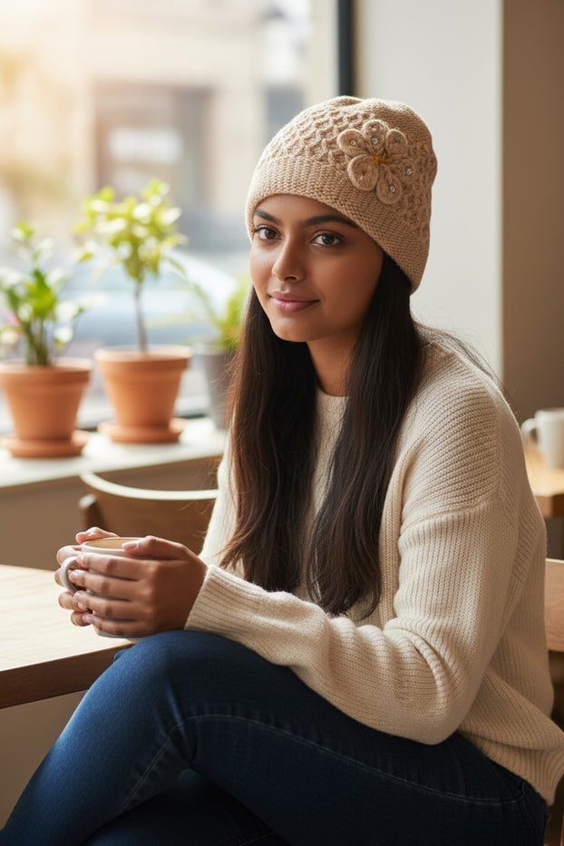 2 Pcs, Womens Wool Knitted Crochet Beanie Hat with Flower for Cold Weather Protection - One Size fits Most.