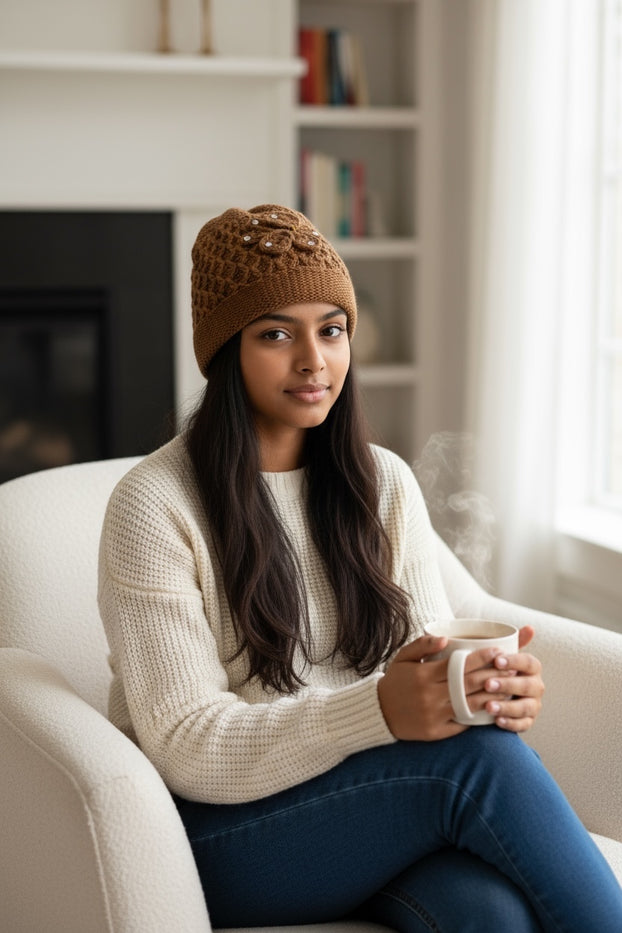 2 Pcs, Womens Wool Knitted Crochet Beanie Hat with Flower for Cold Weather Protection - One Size fits Most.