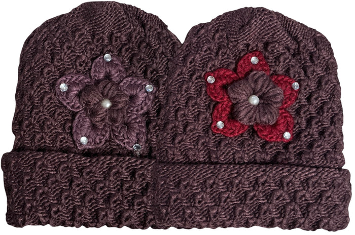 2 Pcs, Women Wool Knitted Crochet Insulated Beanie Hat with Flower for Winter Cold Weather Protection. (Mauve and Burgundy)