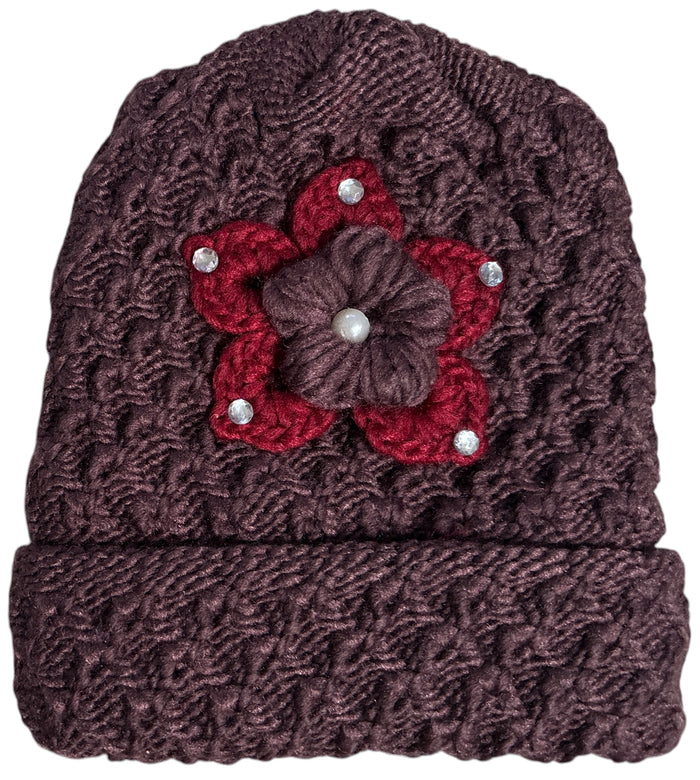2 Pcs, Women Wool Knitted Crochet Insulated Beanie Hat with Flower for Winter Cold Weather Protection. (Mauve and Burgundy)