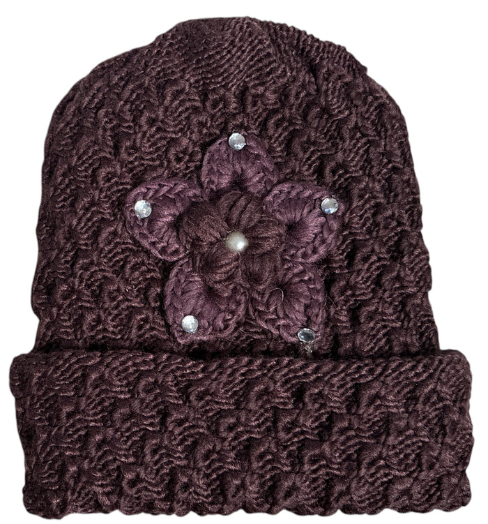 2 Pcs, Women Wool Knitted Crochet Insulated Beanie Hat with Flower for Winter Cold Weather Protection. (Mauve and Burgundy)