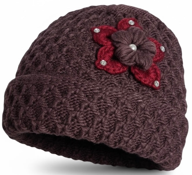 2 Pcs, Women Wool Knitted Crochet Insulated Beanie Hat with Flower for Winter Cold Weather Protection. (Mauve and Burgundy)