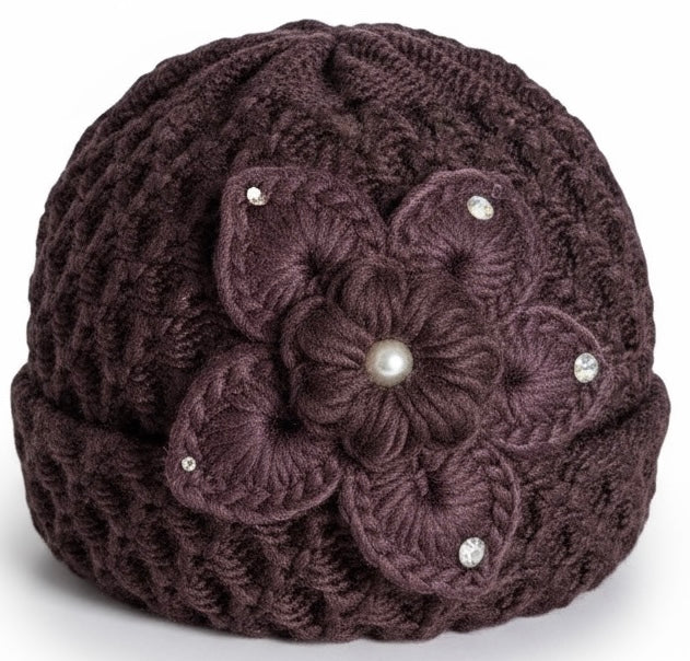2 Pcs, Women Wool Knitted Crochet Insulated Beanie Hat with Flower for Winter Cold Weather Protection. (Mauve and Burgundy)