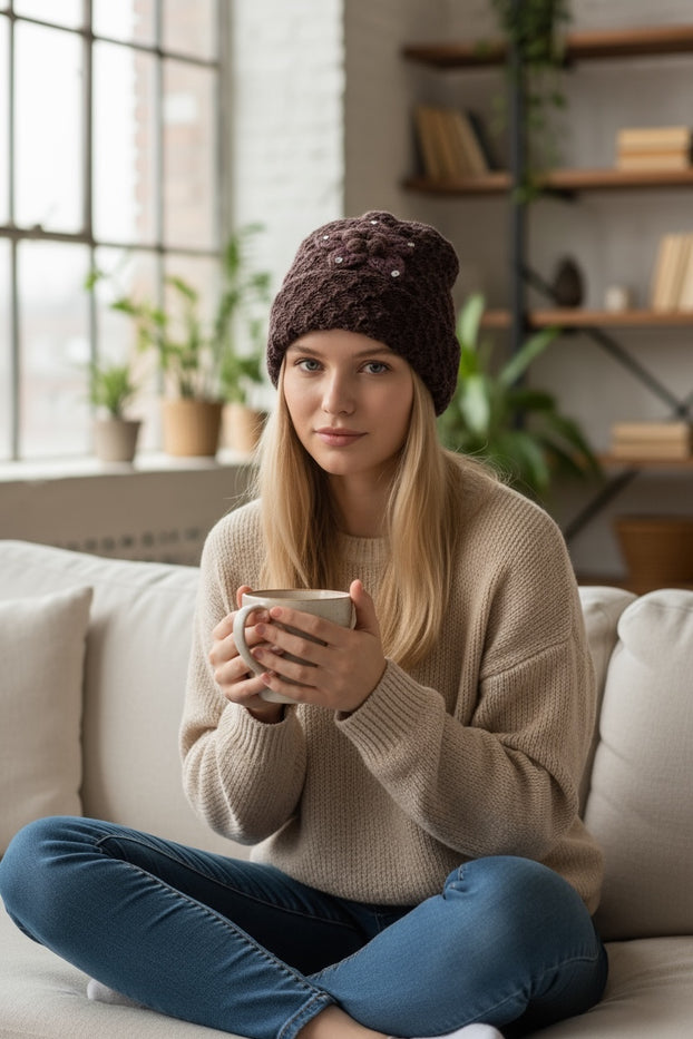 2 Pcs, Women Wool Knitted Crochet Insulated Beanie Hat with Flower for Winter Cold Weather Protection. (Mauve and Burgundy)