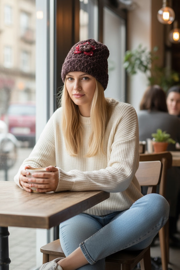 2 Pcs, Women Wool Knitted Crochet Insulated Beanie Hat with Flower for Winter Cold Weather Protection. (Mauve and Burgundy)