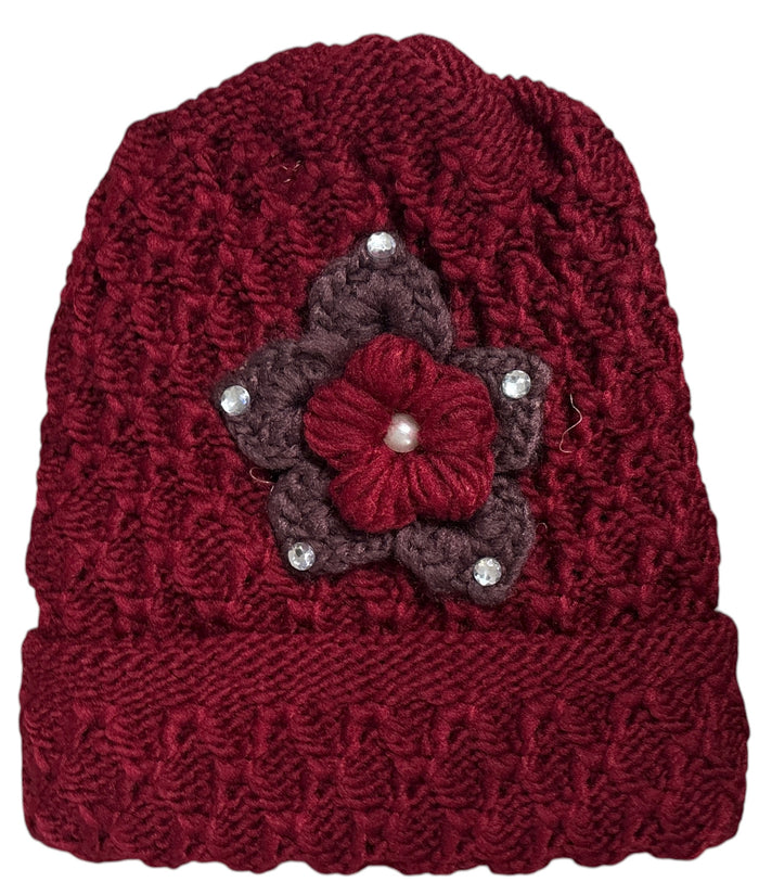 2 Pcs, Women Wool Knitted Crochet Insulated Beanie Hat with Flower for Winter Cold Weather Protection. (Mauve and Burgundy)