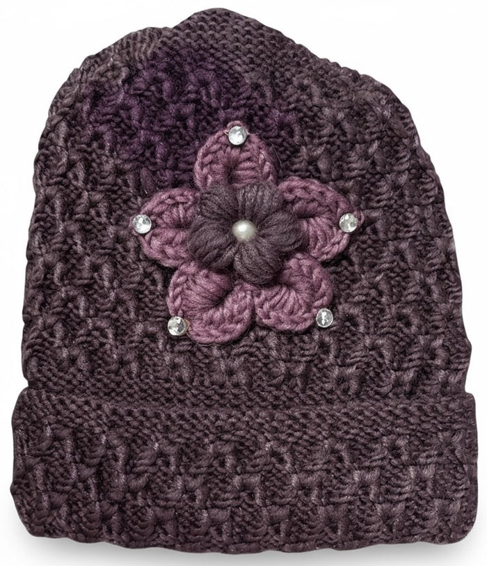 2 Pcs, Women Wool Knitted Crochet Insulated Beanie Hat with Flower for Winter Cold Weather Protection. (Mauve and Burgundy)