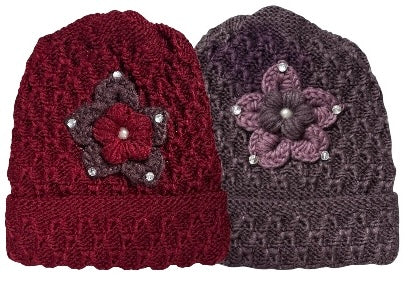 2 Pcs, Women Wool Knitted Crochet Insulated Beanie Hat with Flower for Winter Cold Weather Protection. (Mauve and Burgundy)