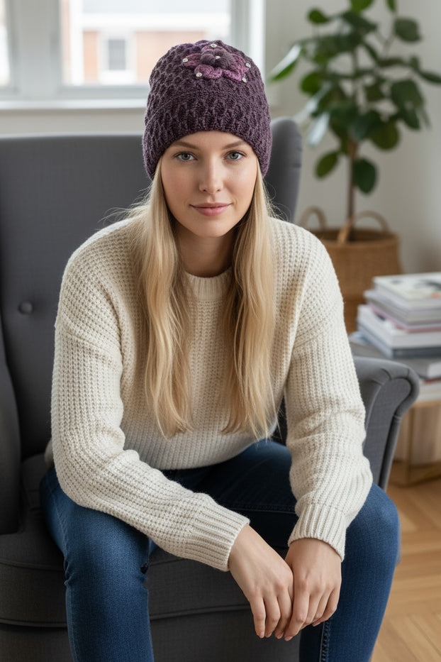 2 Pcs, Women Wool Knitted Crochet Insulated Beanie Hat with Flower for Winter Cold Weather Protection. (Mauve and Burgundy)