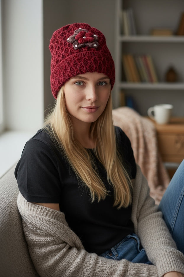 2 Pcs, Women Wool Knitted Crochet Insulated Beanie Hat with Flower for Winter Cold Weather Protection. (Mauve and Burgundy)