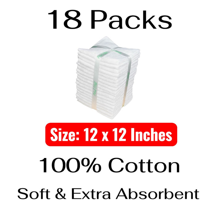 Washcloths, 18 Pack, 100% Ring-Spun Cotton Washcloths for Face, Body, and Hands. Design to Exfoliate. Extra Soft and Absorbent. Machine Washable. Size: 12 x 12 inches.