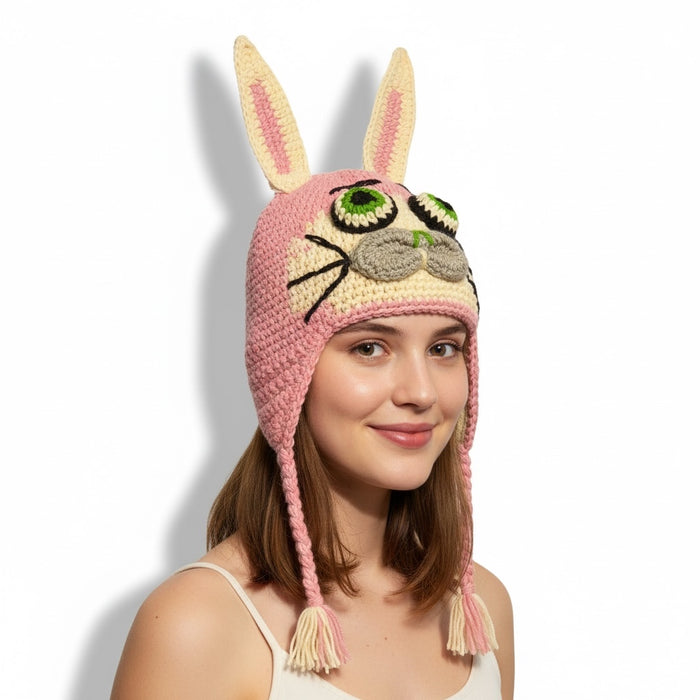 Handmade Animal Character Wool with Fleece Lined Adult Winter Hat, One Size fits