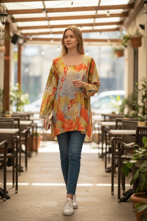 Digital Printed Crape tunic, Short Kurti,  Multi color Soft and Breathable Top. - HP-21