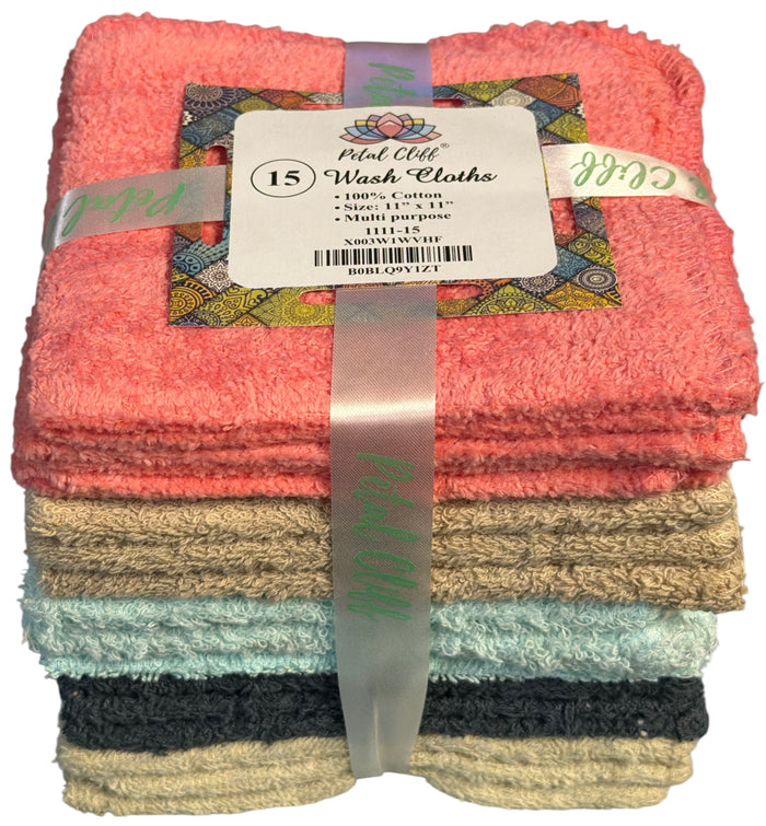 Washcloths 15 Pack, 100% Cotton Washcloths, Soft & Exta Absorbent Wash Cloths - Machine Washable Size 11 X 11 inch, Assorted Colors - Color May Vary.
