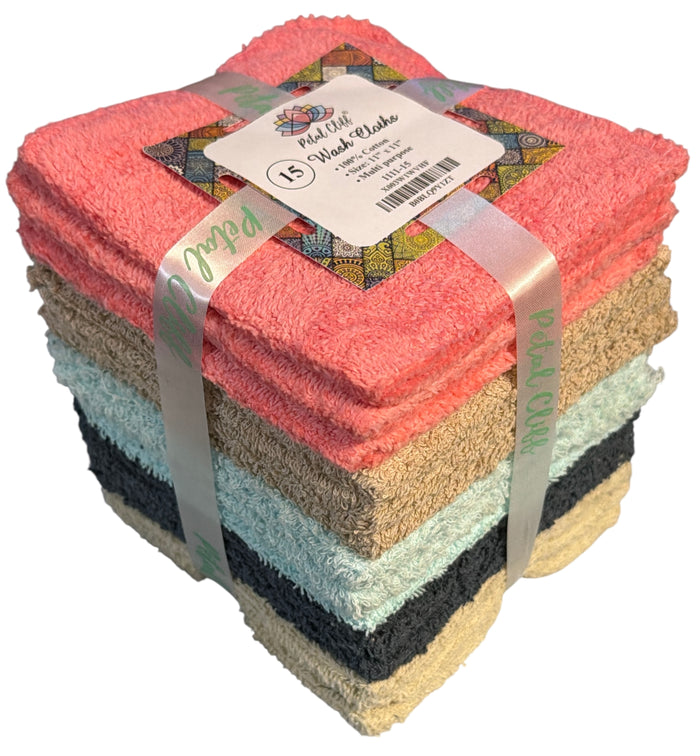 Washcloths 15 Pack, 100% Cotton Washcloths, Soft & Exta Absorbent Wash Cloths - Machine Washable Size 11 X 11 inch, Assorted Colors - Color May Vary.